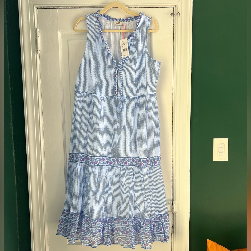 NWT Vineyard Vines BORDER PRINT MIDI block print in Bayside Blue